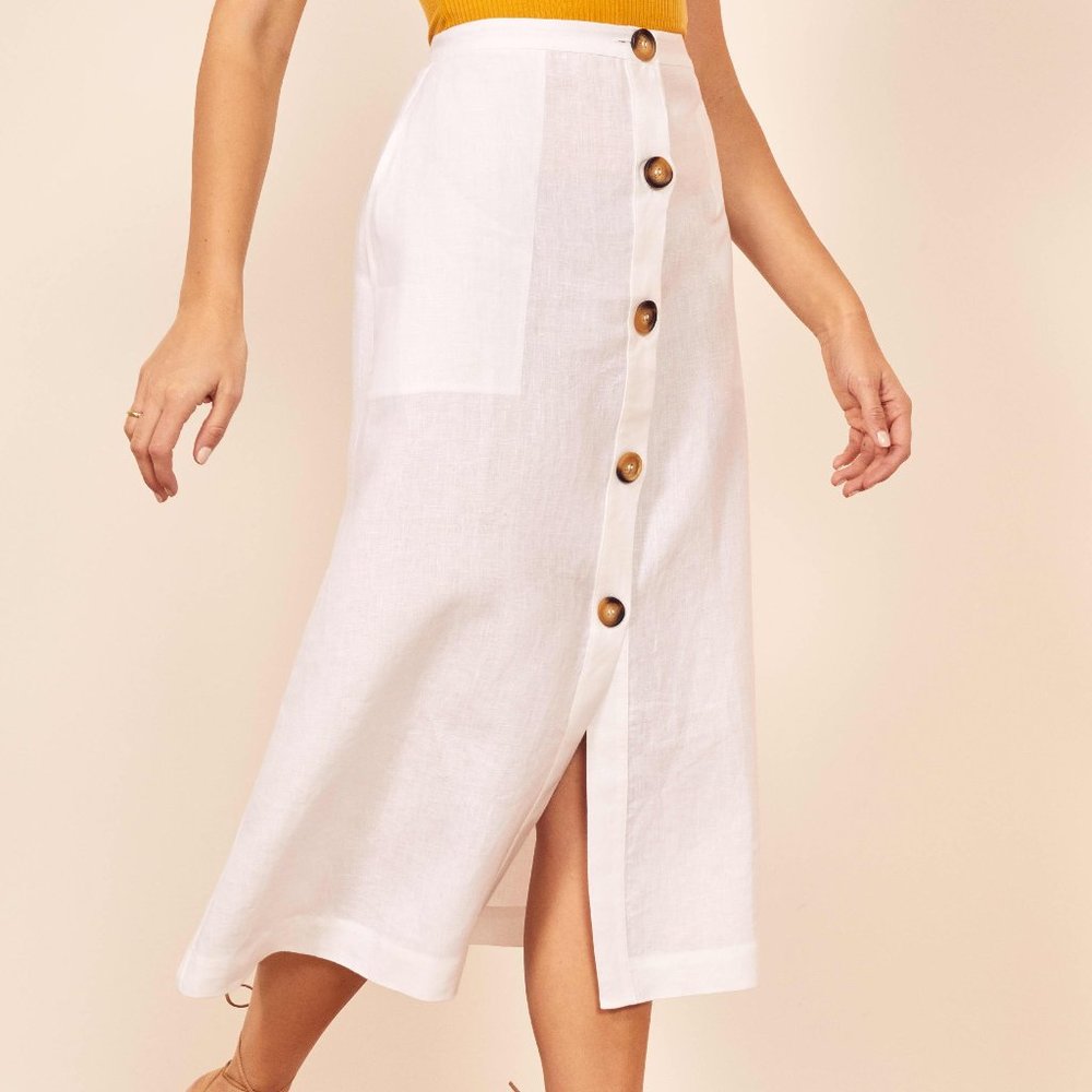 Reformation highland white midi skirt with buttons